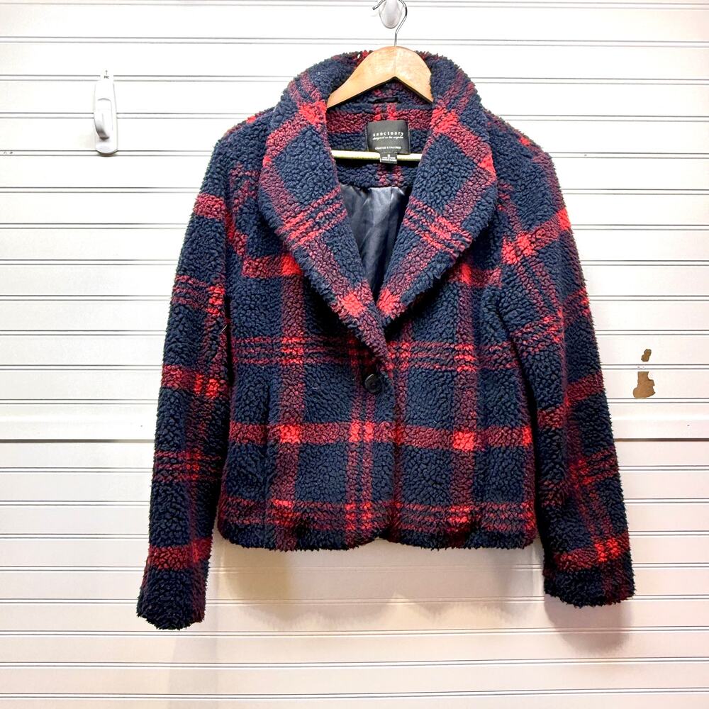 Sanctuary Red & Blue Plaid Teddy Single Button Fully Lined Cropped Jacket Size S